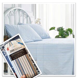 MAINSTAYS Shirt Stripe Print Cotton Percale Fitted Sheet NWT! - Blue/Tan, FULL